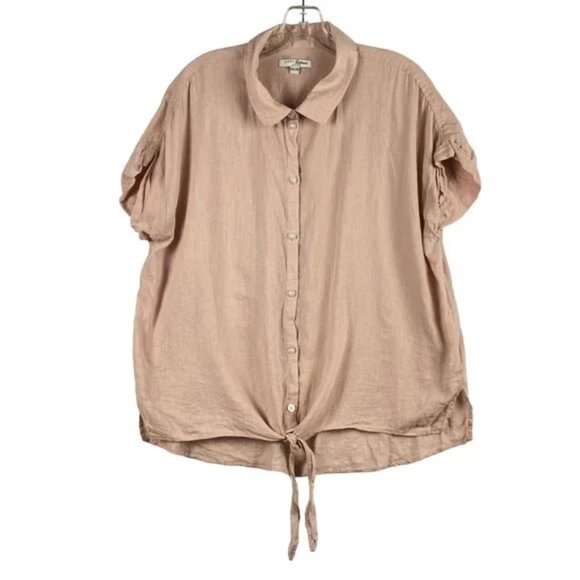 ZACHS Girlfriend Blouse Womens XL‎ Linen Blend Peach Dot Button Down Top - Picture 1 of 10